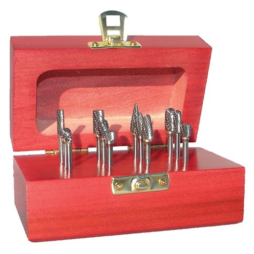 9PC SC DBL CUT BUR SET IN WOOD CASE